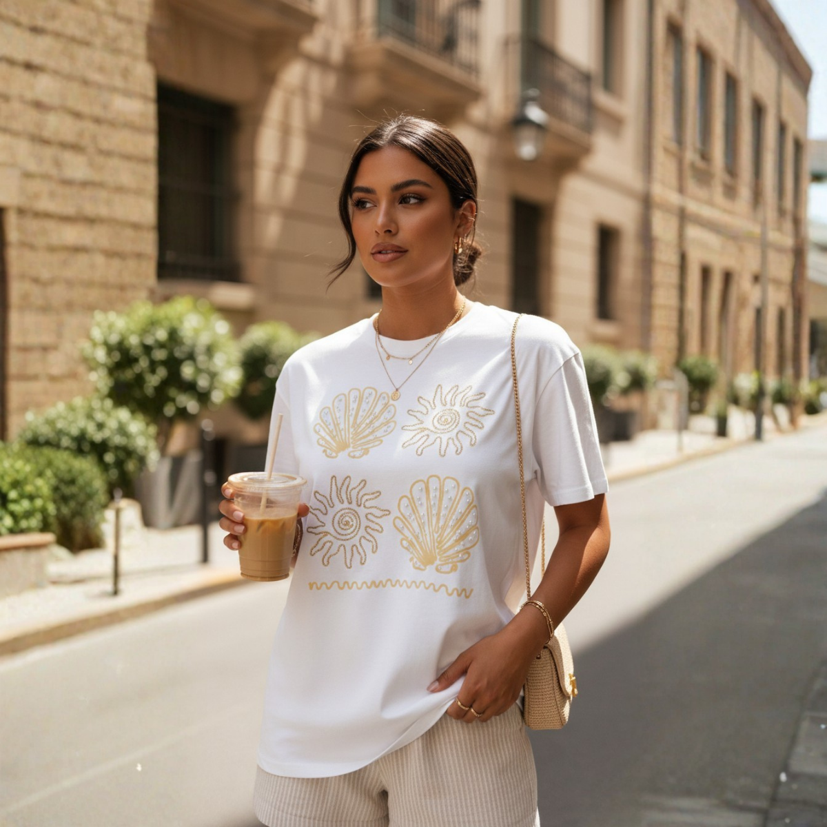 T-Shirt Blanca estampada de algodón oversized femenina -  Conchas